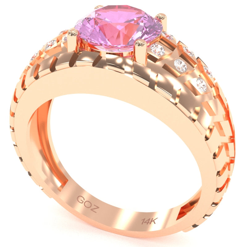 Men's Tire Tread Lab-Created Pink Sapphire Diamond Ring In Solid 14k Rose Gold