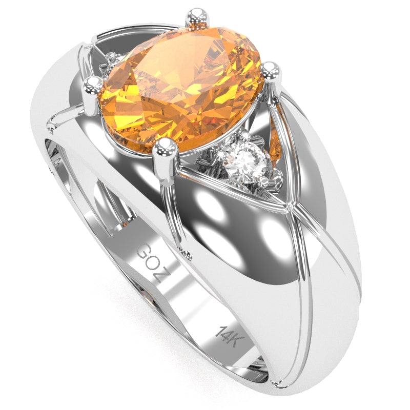 Men's Designer Citrine Diamond Ring In Solid 14k White Gold