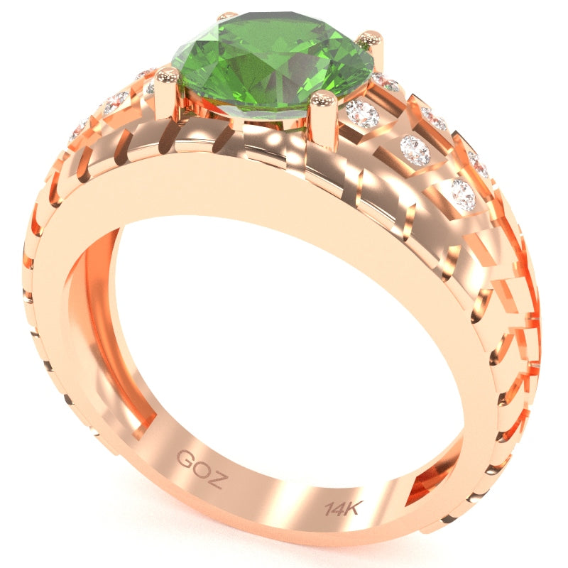 Men's Tire Tread Peridot Diamond Ring In Solid 14k Rose Gold