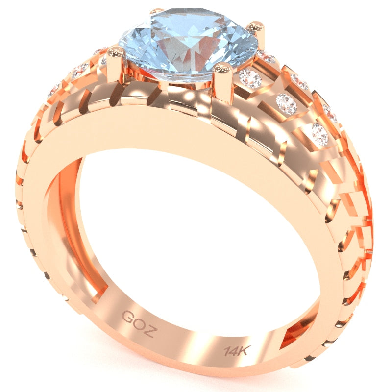 Men's Tire Tread Aquamarine Diamond Ring In Solid 14k Rose Gold