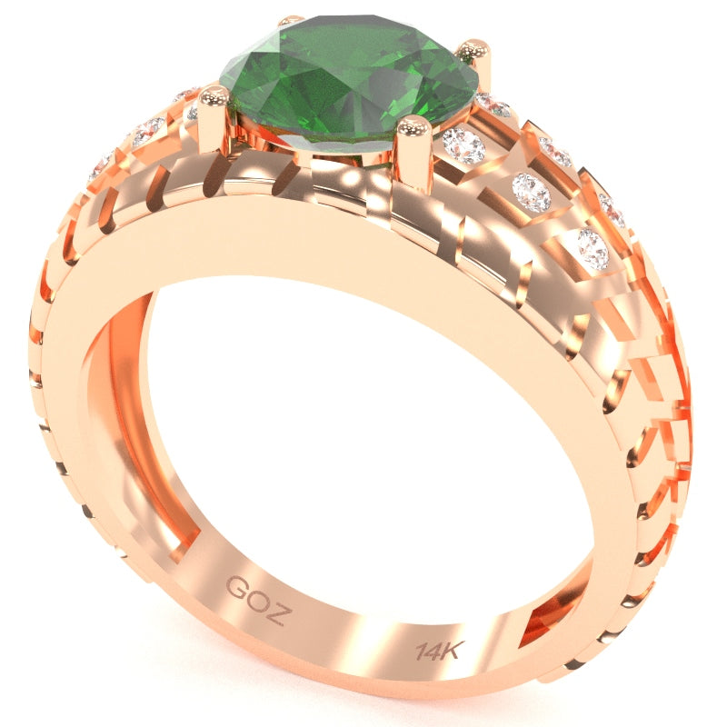 Men's Tire Tread Lab-Created Emerald Diamond Ring In Solid 14k Rose Gold