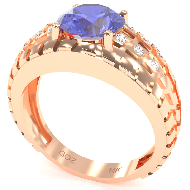 Men's Tire Tread Tanzanite Diamond Ring In Solid 14k Rose Gold