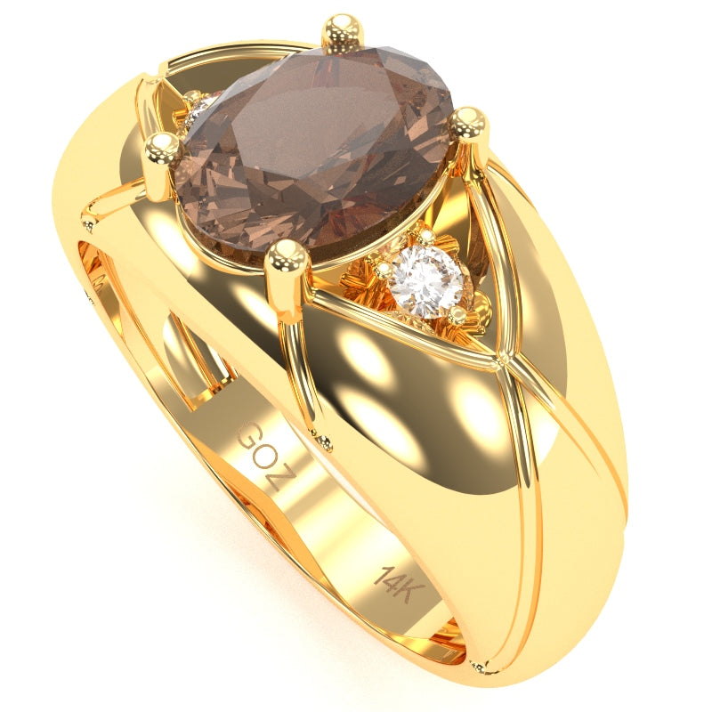 Men's Designer Smoky Quartz Diamond Ring In Solid 14k Yellow Gold