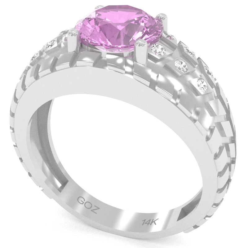 Men's Tire Tread Lab-Created Pink Sapphire Diamond Ring In Solid 14k White Gold