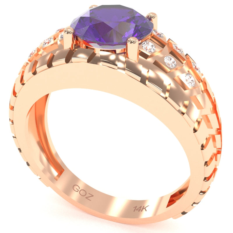 Men's Tire Tread Amethyst Diamond Ring In Solid 14k Rose Gold