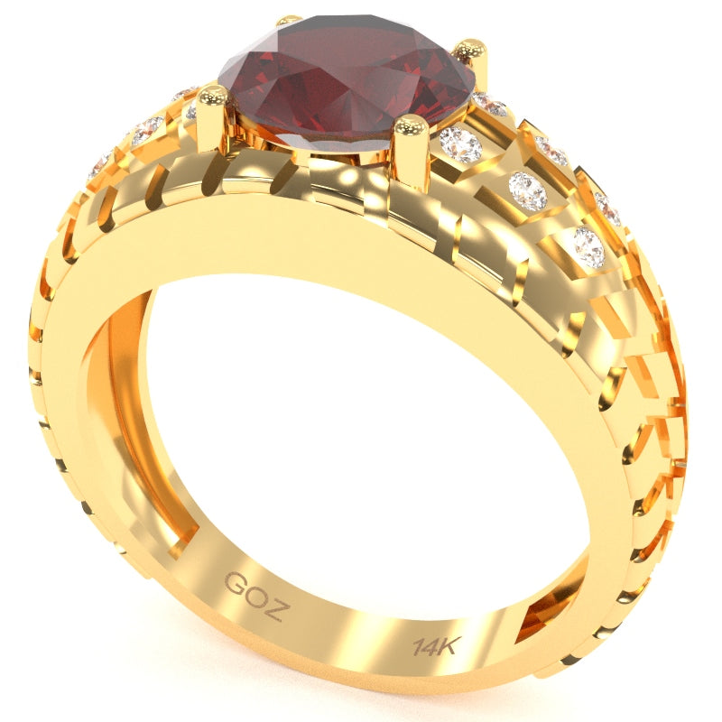 Men's Tire Tread Lab-Created Ruby Diamond Ring In Solid 14k Yellow Gold
