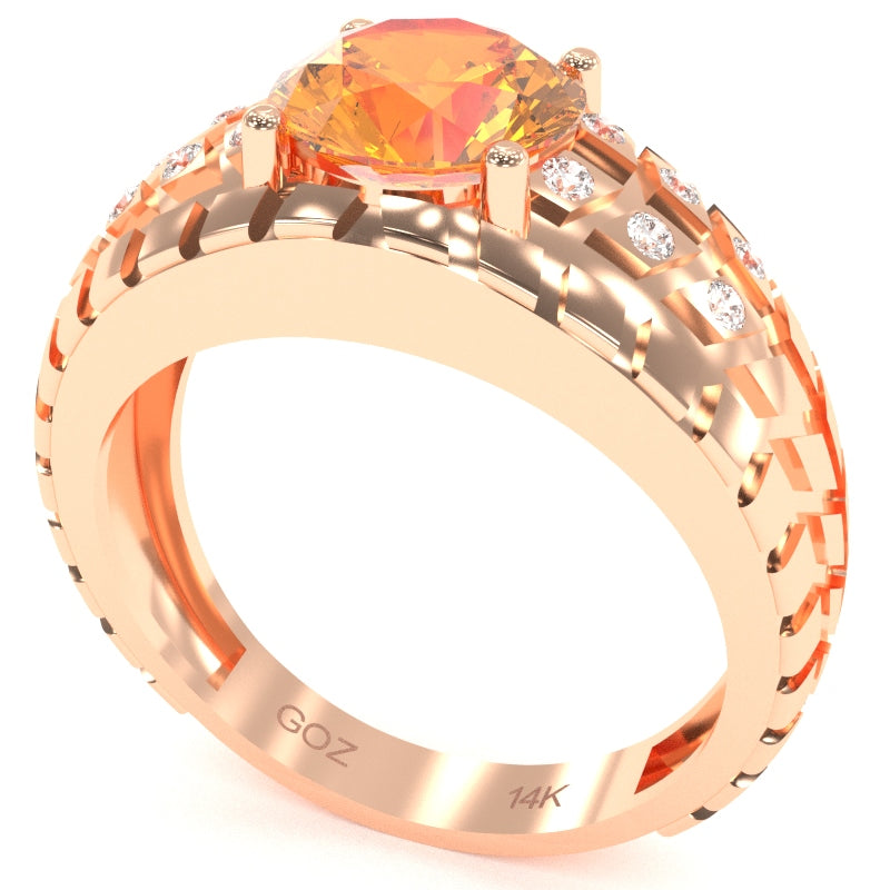 Men's Tire Tread Citrine Diamond Ring In Solid 14k Rose Gold