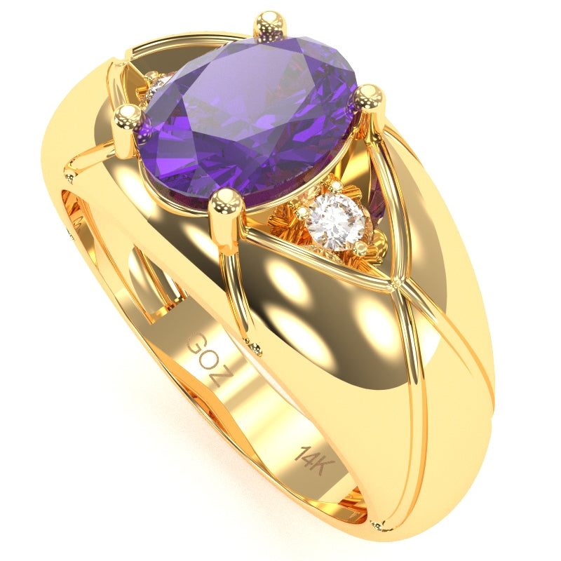 Men's Designer Amethyst Diamond Ring In Solid 14k Yellow Gold