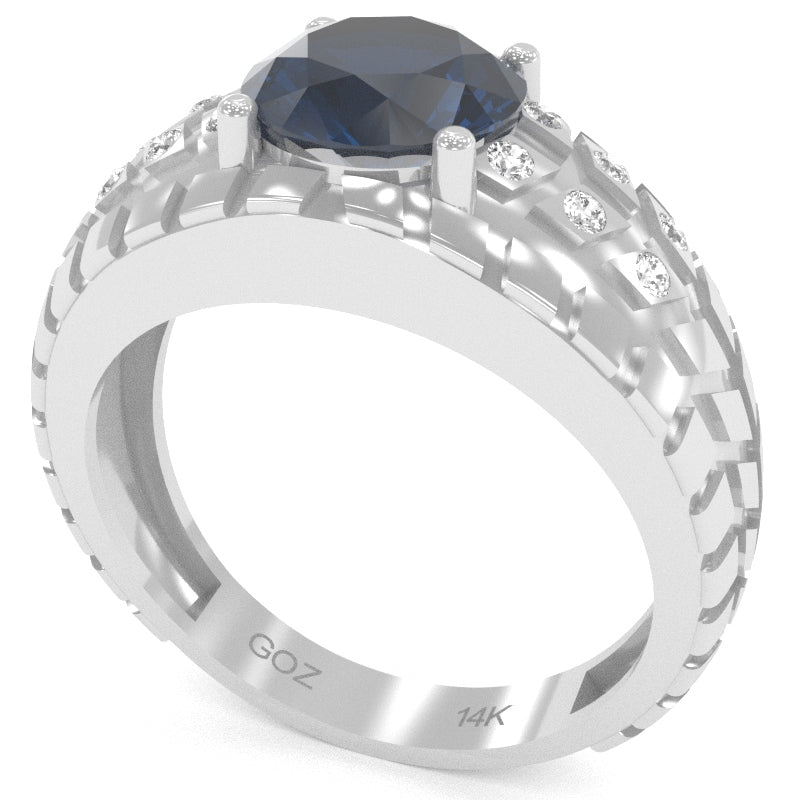 Men's Tire Tread Lab-Created Sapphire Diamond Ring In Solid 14k White Gold
