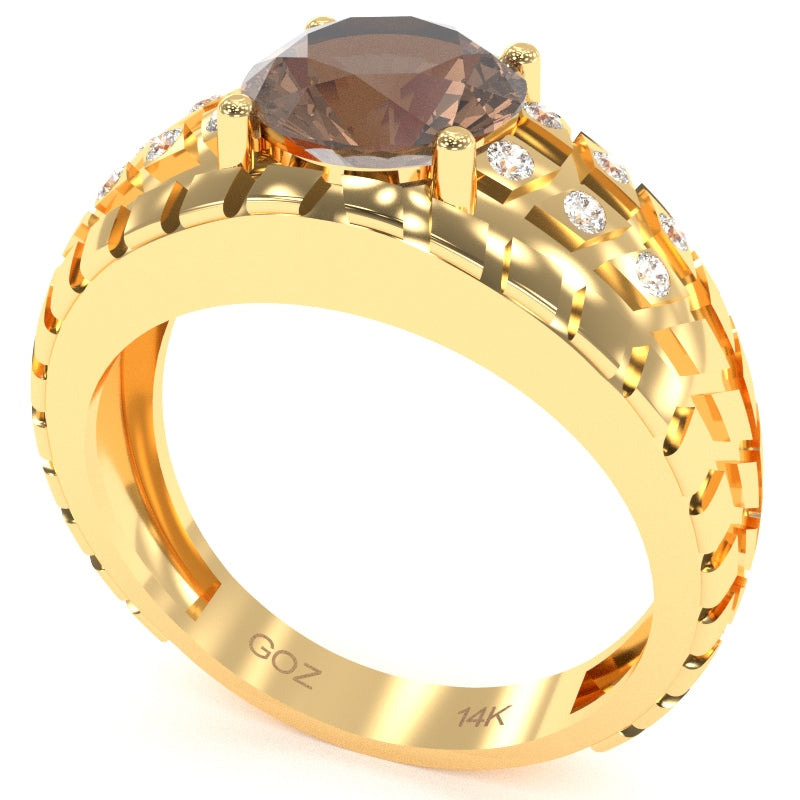 Men's Tire Tread Smoky Quartz Diamond Ring In Solid 14k Yellow Gold