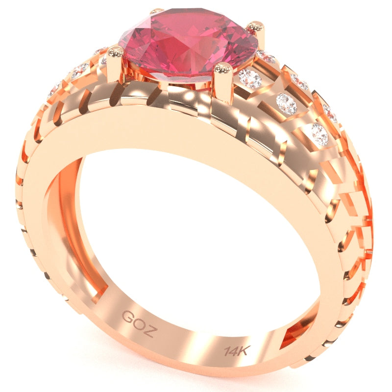 Men's Tire Tread Pink Tourmaline Diamond Ring In Solid 14k Rose Gold
