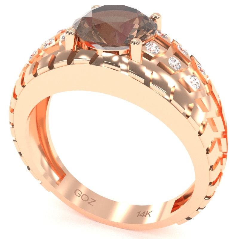 Men's Tire Tread Smoky Quartz Diamond Ring In Solid 14k Rose Gold