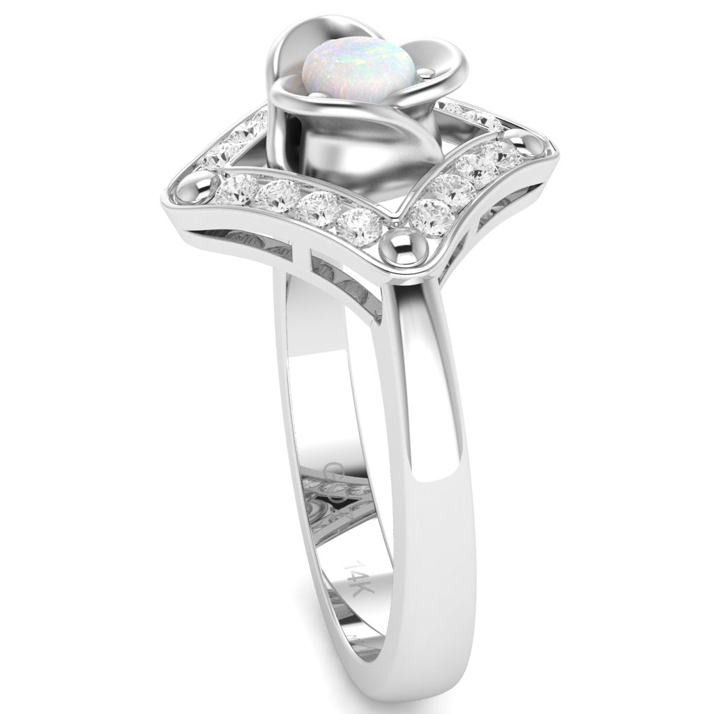 Rose Love Opal Diamond Ring In 14k White Gold