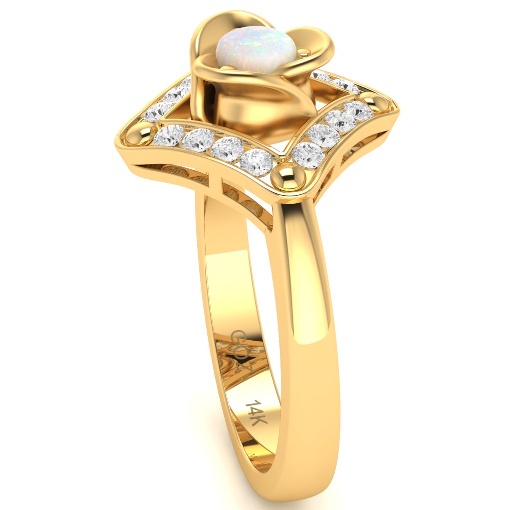 Rose Love Opal Diamond Ring In 14k Yellow Gold