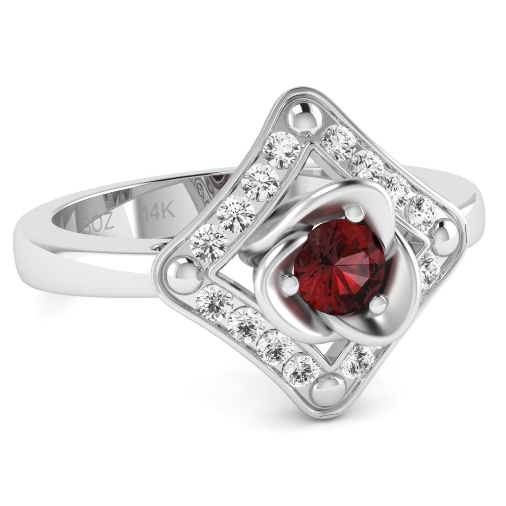 Rose Love Garnet Diamond Ring In 14k White Gold