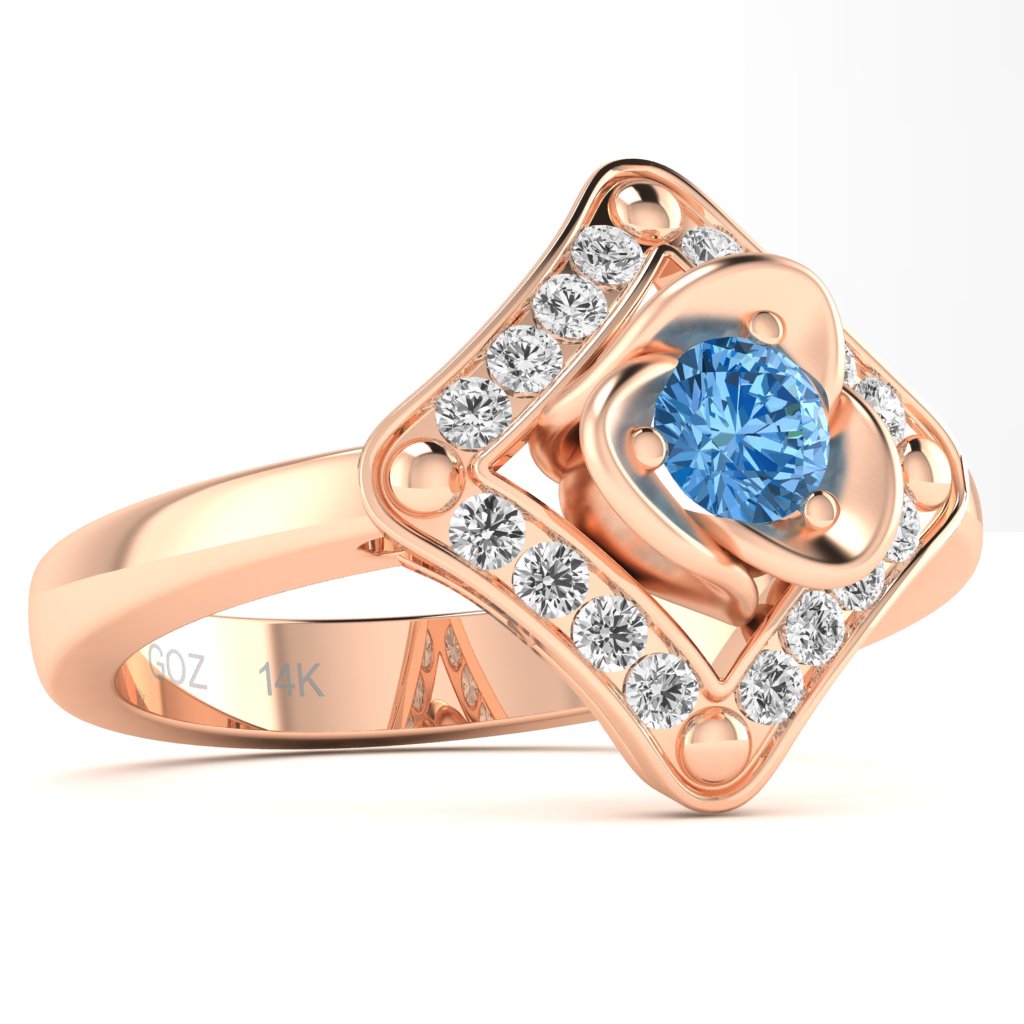 Rose Love Blue Topaz Diamond Ring In 14k Rose Gold