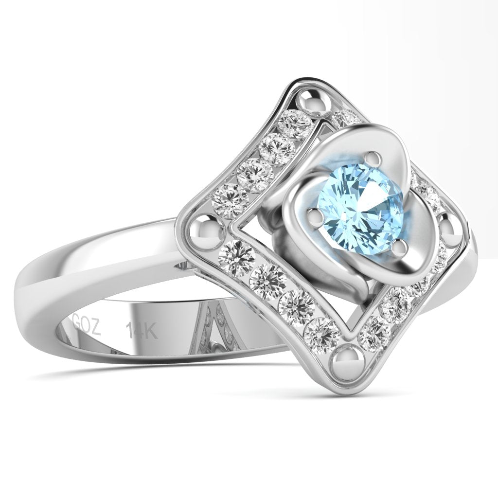 Rose Love Aquamarine Diamond Ring In 14k White Gold