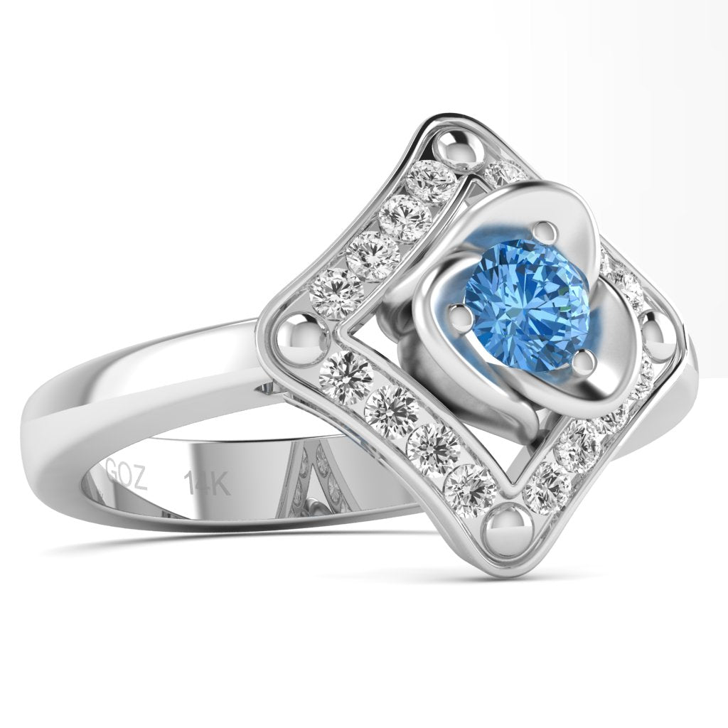 Rose Love Blue Topaz Diamond Ring In 14k White Gold