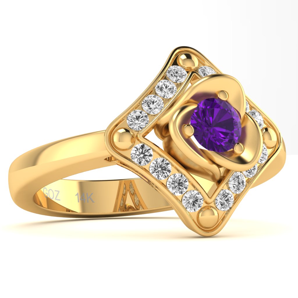 Rose Love Amethyst Diamond Ring In 14k Yellow Gold