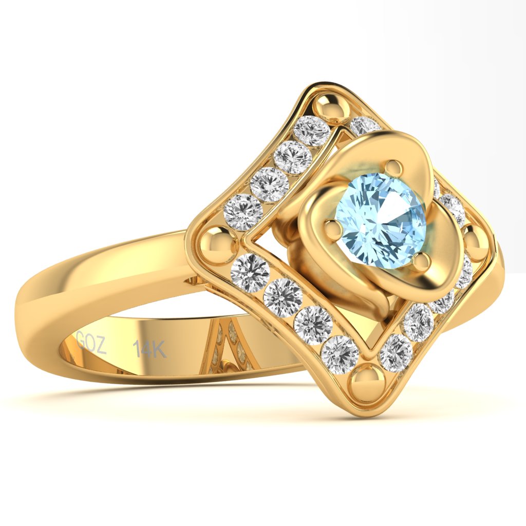 Rose Love Aquamarine Diamond Ring In 14k Yellow Gold