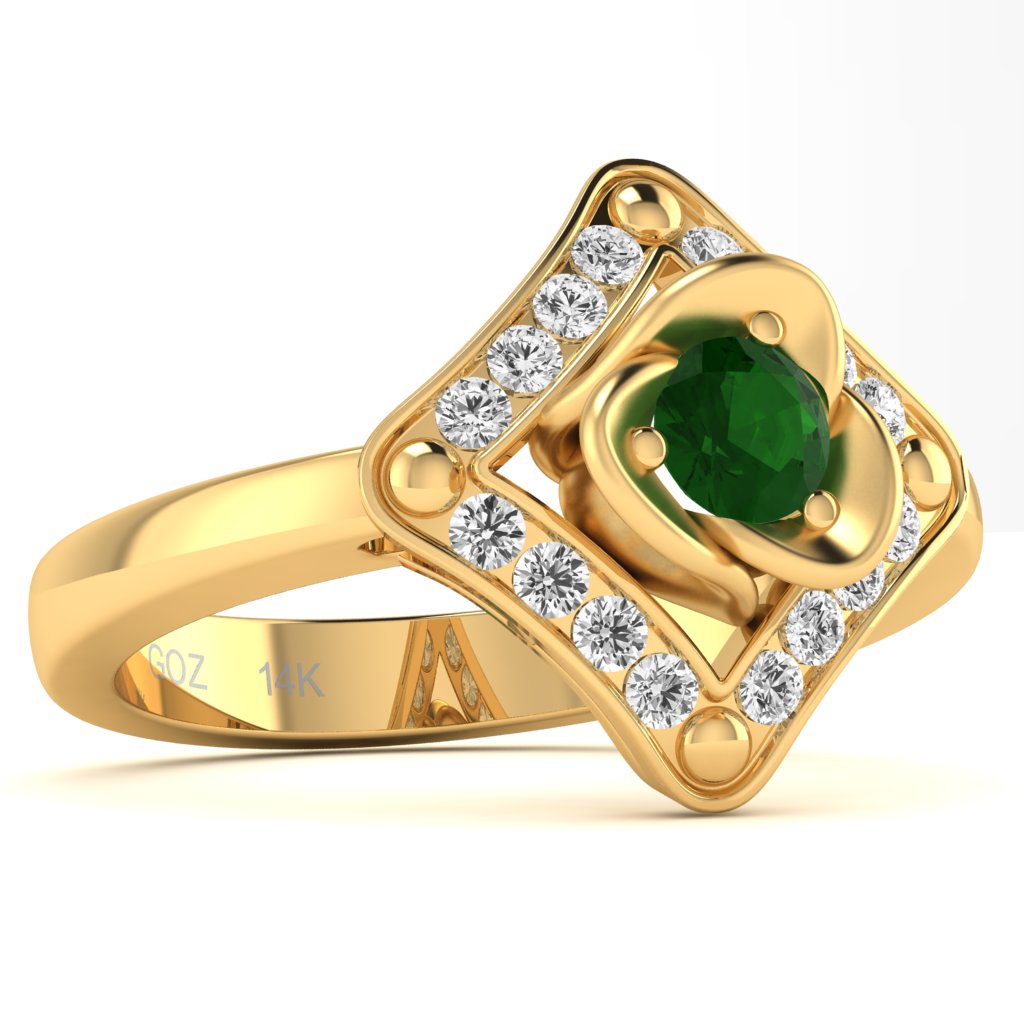 Rose Love Emerald Diamond Ring In 14k Yellow Gold