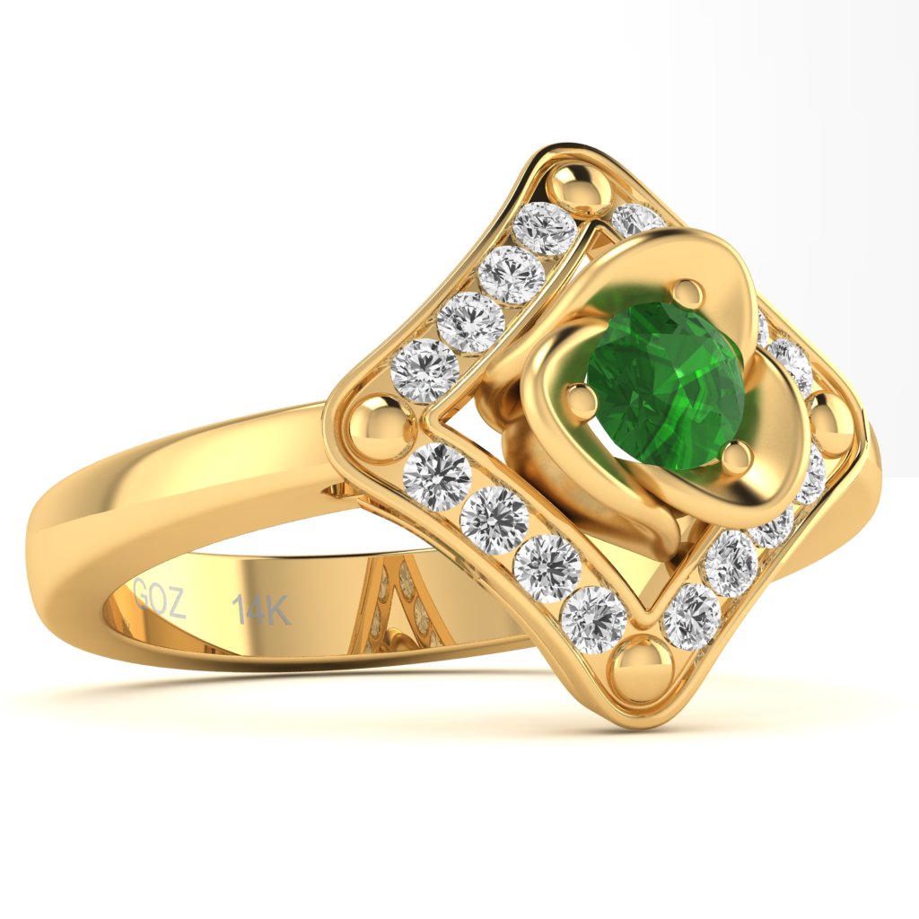 Rose Love Lab-Created Emerald Diamond Ring In 14k Yellow Gold