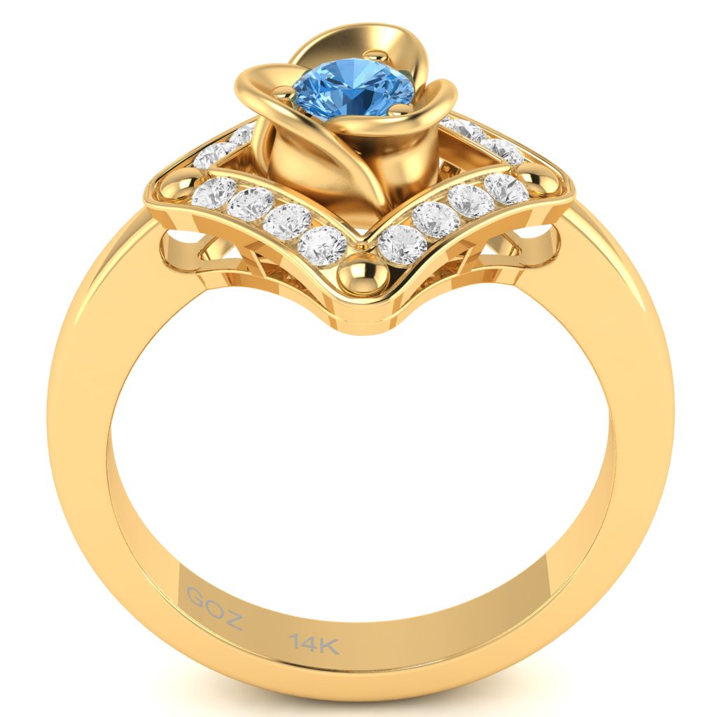 Rose Love Blue Topaz Diamond Ring In 14k Yellow Gold