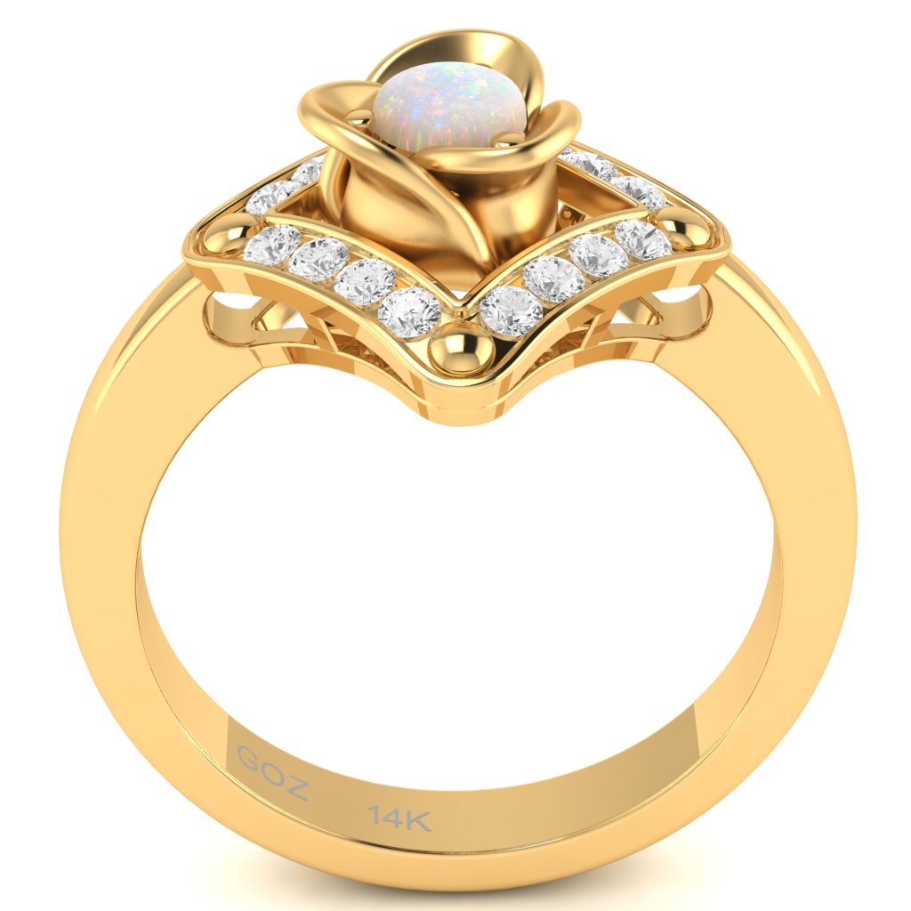 Rose Love Opal Diamond Ring In 14k Yellow Gold
