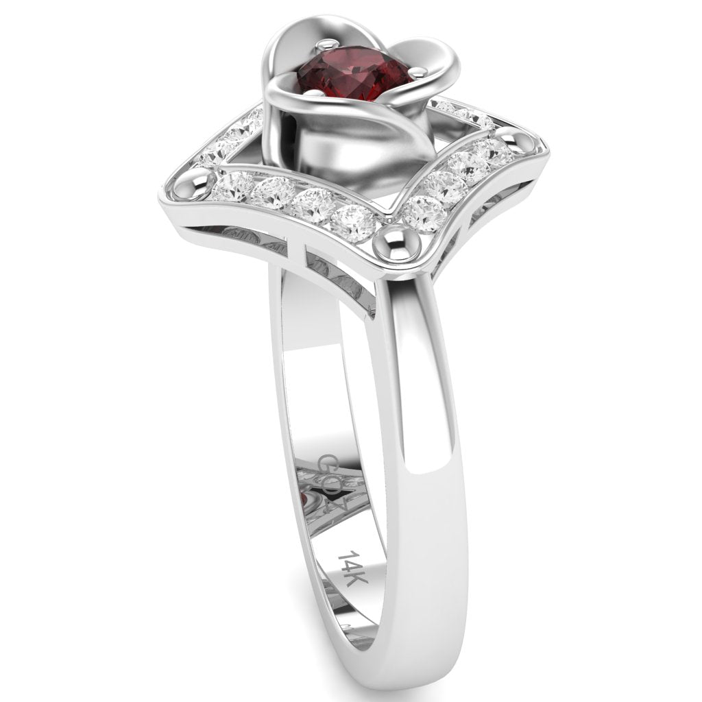 Rose Love Garnet Diamond Ring In 14k White Gold