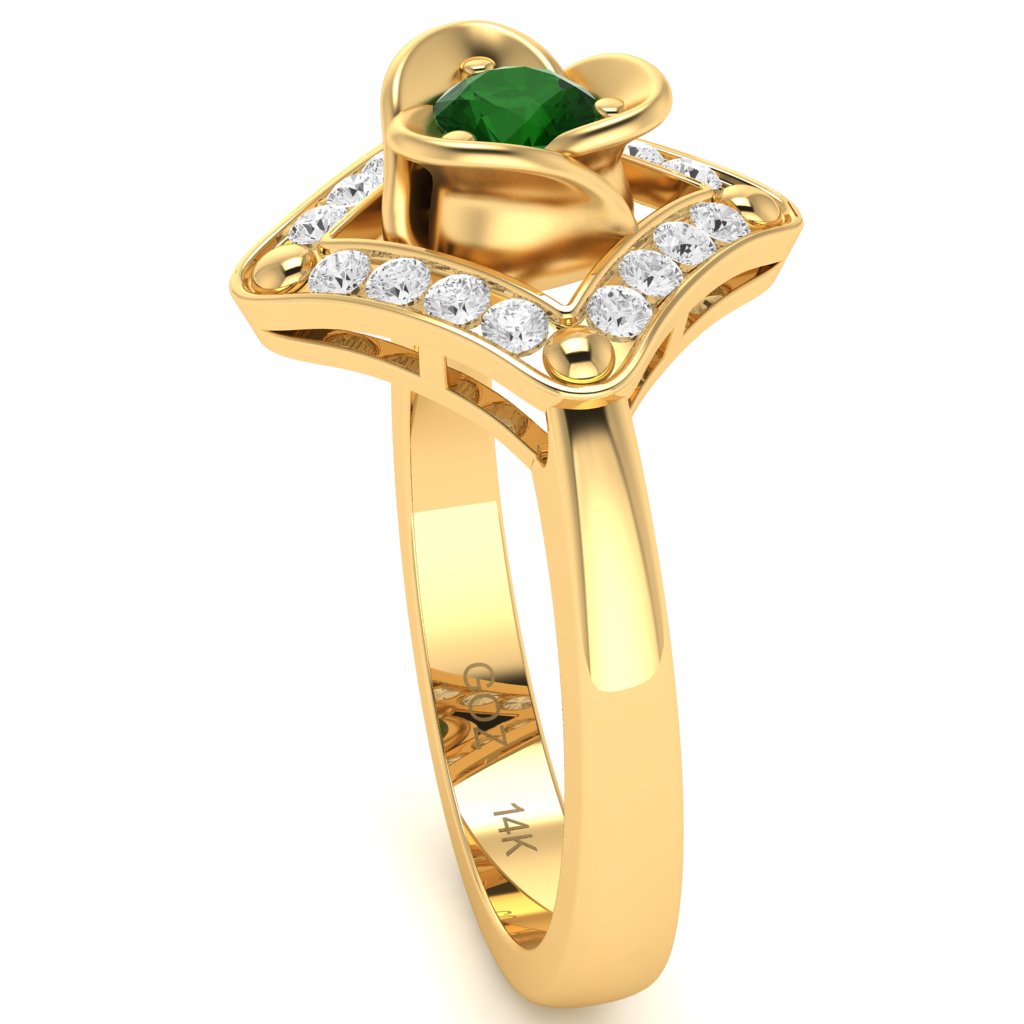 Rose Love Emerald Diamond Ring In 14k Yellow Gold