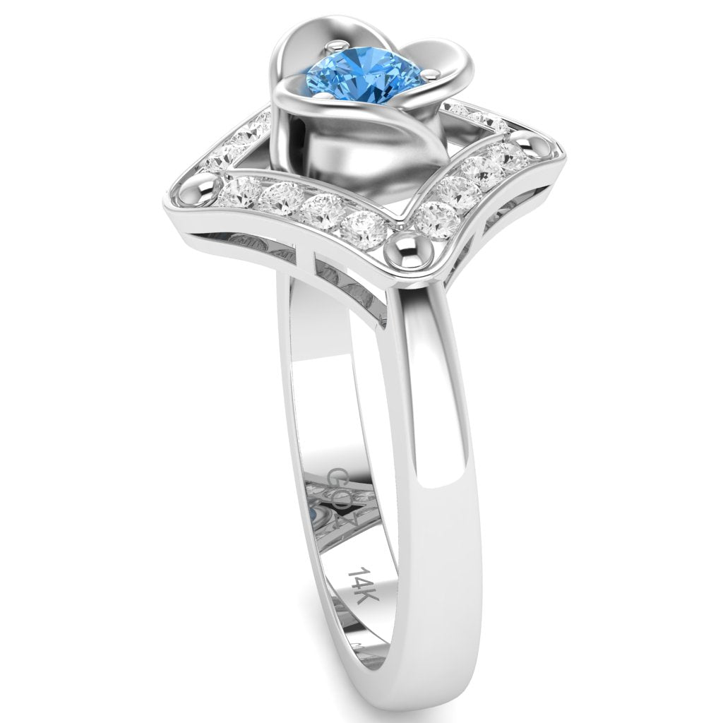 Rose Love Blue Topaz Diamond Ring In 14k White Gold