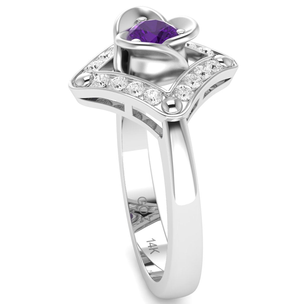 Rose Love Amethyst Diamond Ring In 14k White Gold