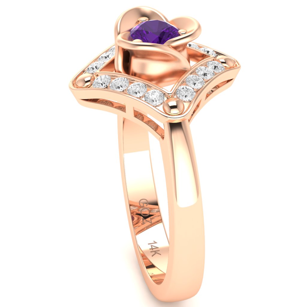Rose Love Amethyst Diamond Ring In 14k Rose Gold
