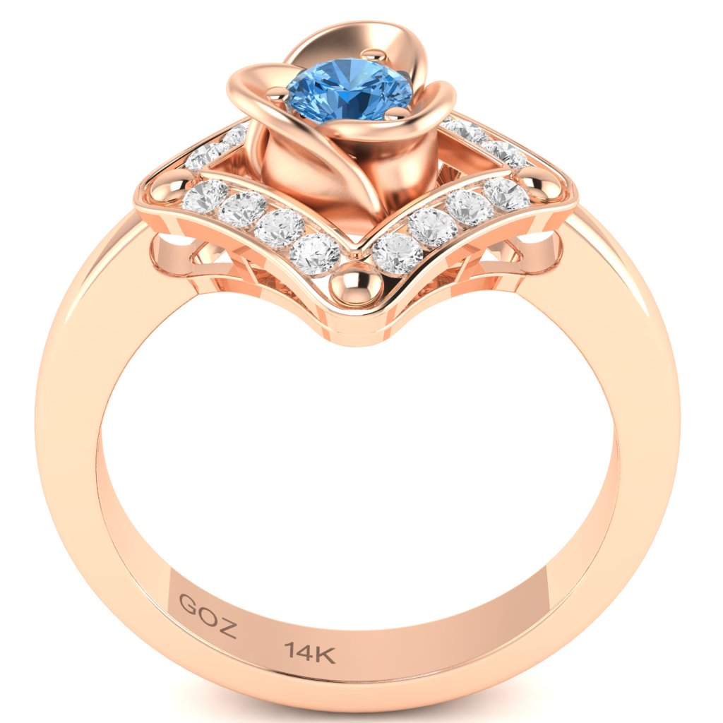 Rose Love Blue Topaz Diamond Ring In 14k Rose Gold