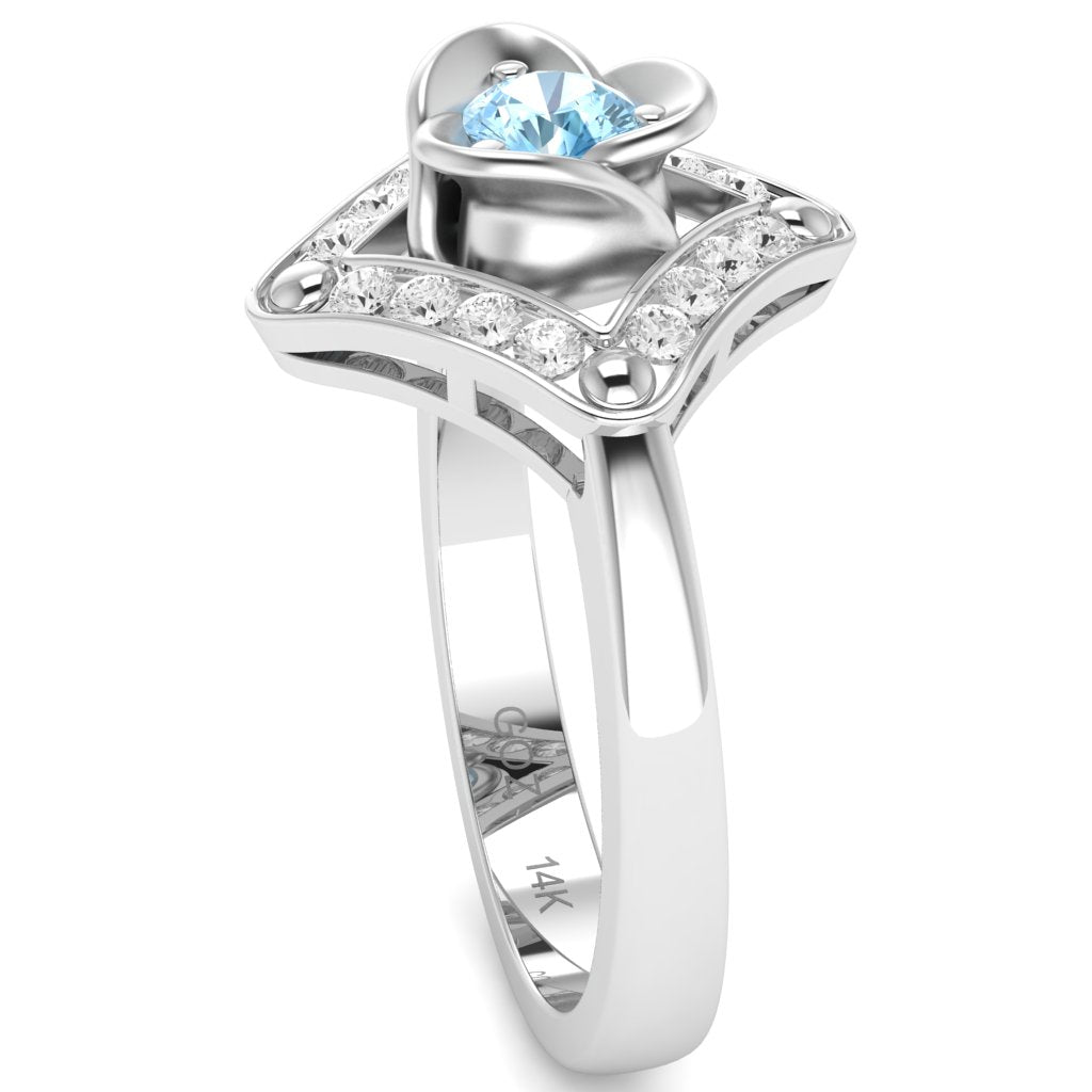 Rose Love Aquamarine Diamond Ring In 14k White Gold