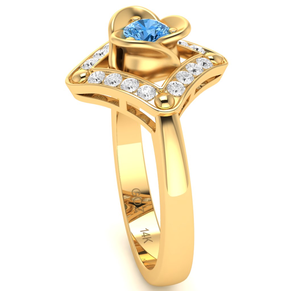 Rose Love Blue Topaz Diamond Ring In 14k Yellow Gold