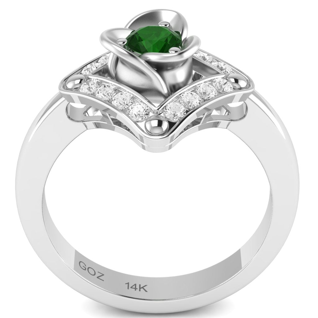 Rose Love Emerald Diamond Ring In 14k White Gold
