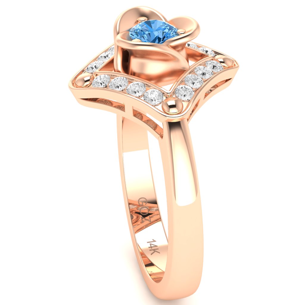 Rose Love Blue Topaz Diamond Ring In 14k Rose Gold
