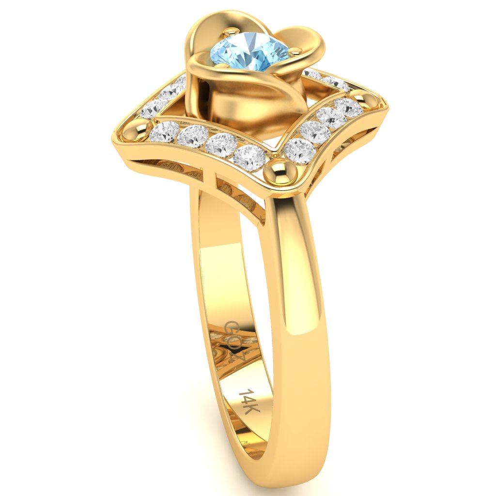 Rose Love Aquamarine Diamond Ring In 14k Yellow Gold