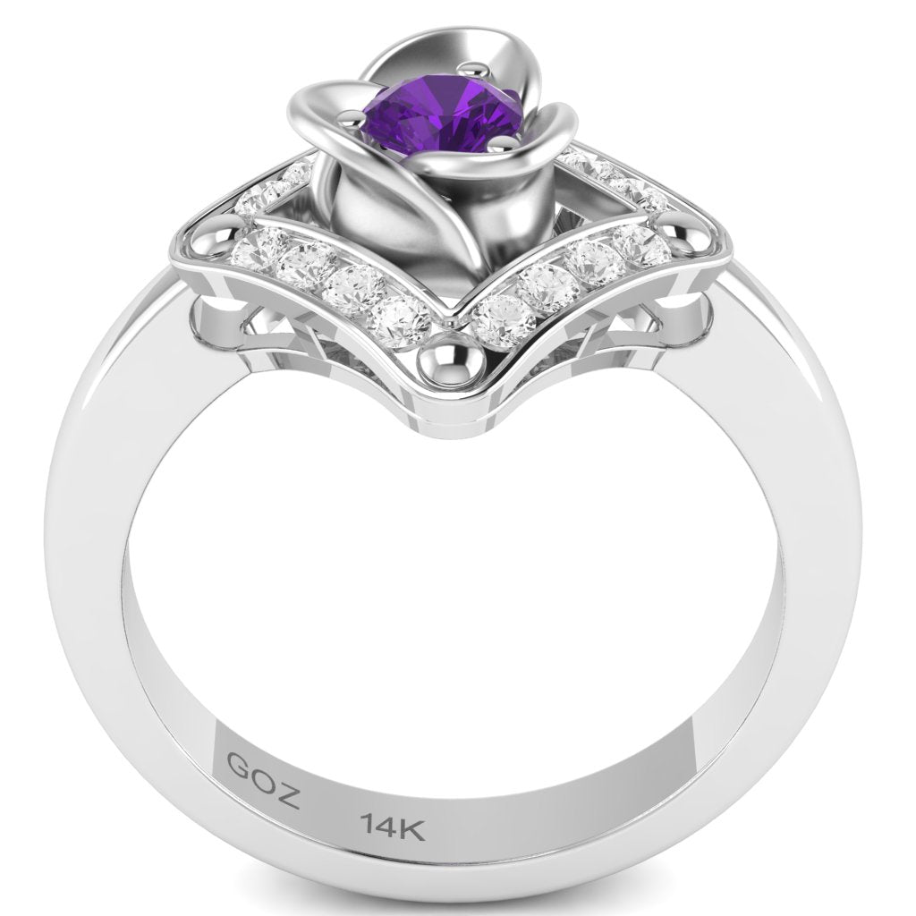 Rose Love Amethyst Diamond Ring In 14k White Gold