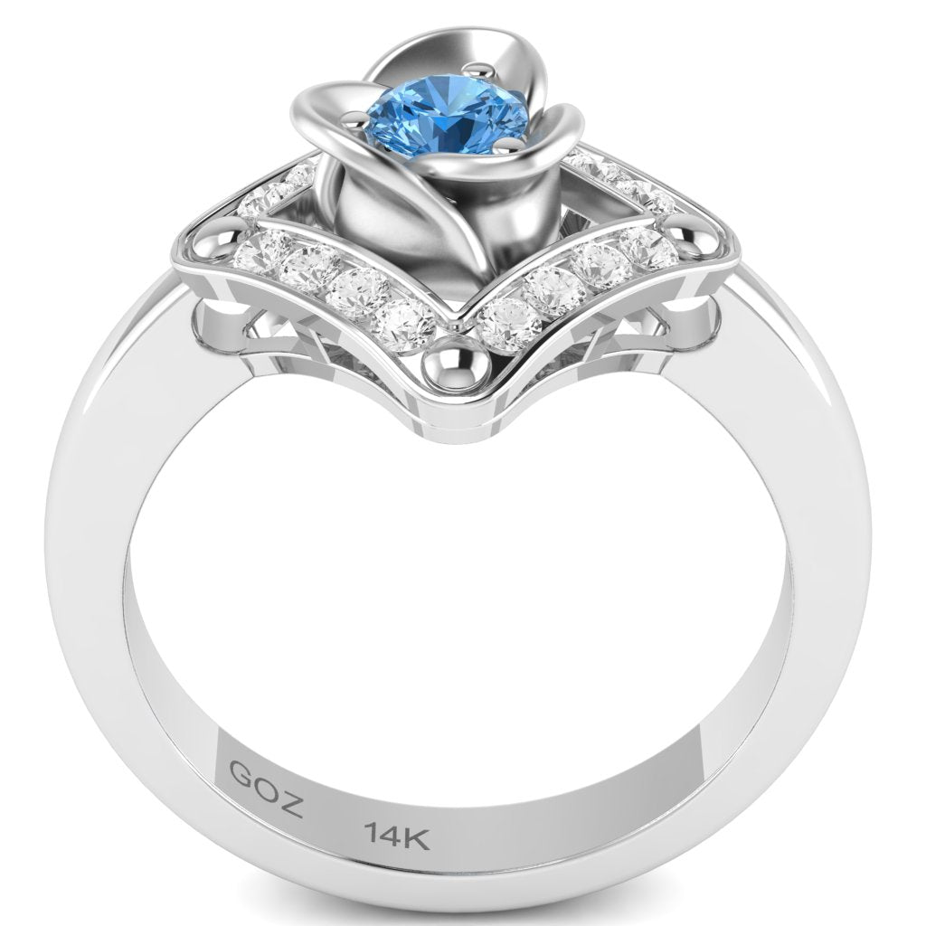 Rose Love Blue Topaz Diamond Ring In 14k White Gold
