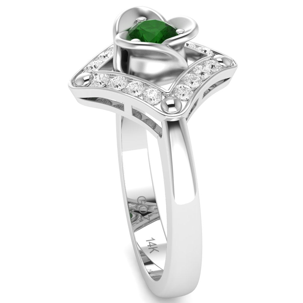 Rose Love Emerald Diamond Ring In 14k White Gold