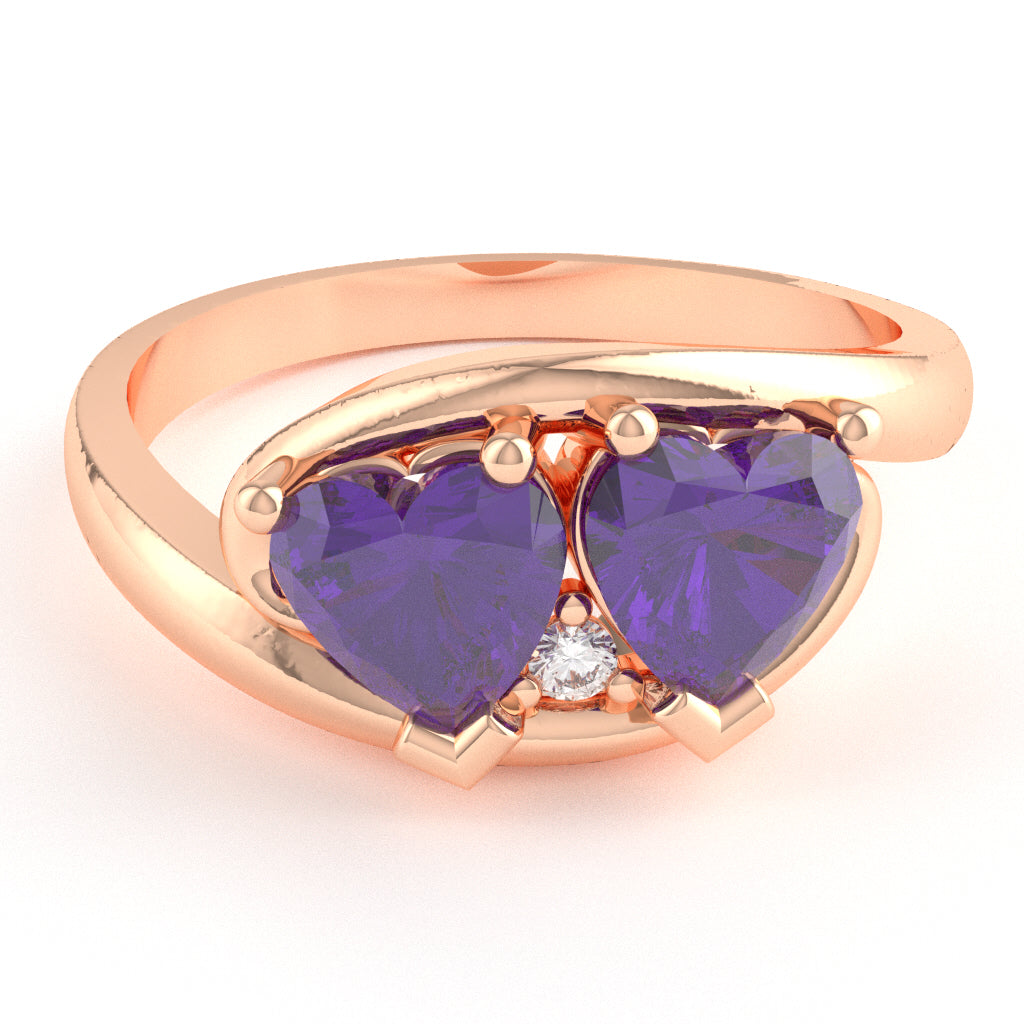 2 Hearts In Love Amethyst Diamond Promise Ring In 14k Rose Gold