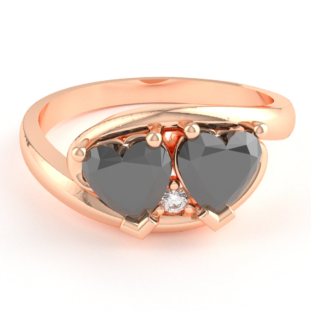 2 Hearts In Love Black Onyx Diamond Promise Ring In 14k Rose Gold