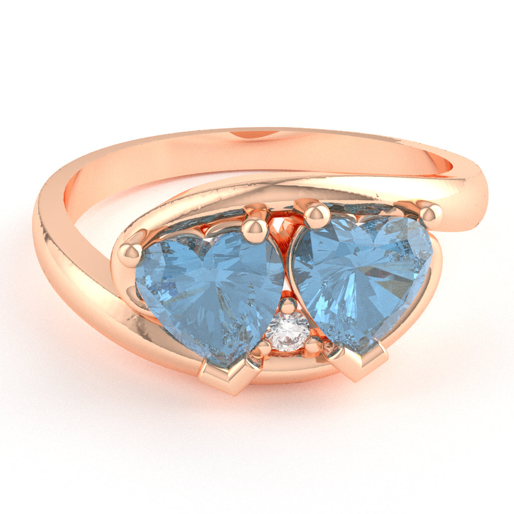 2 Hearts In Love Blue Topaz Diamond Promise Ring In 14k Rose Gold