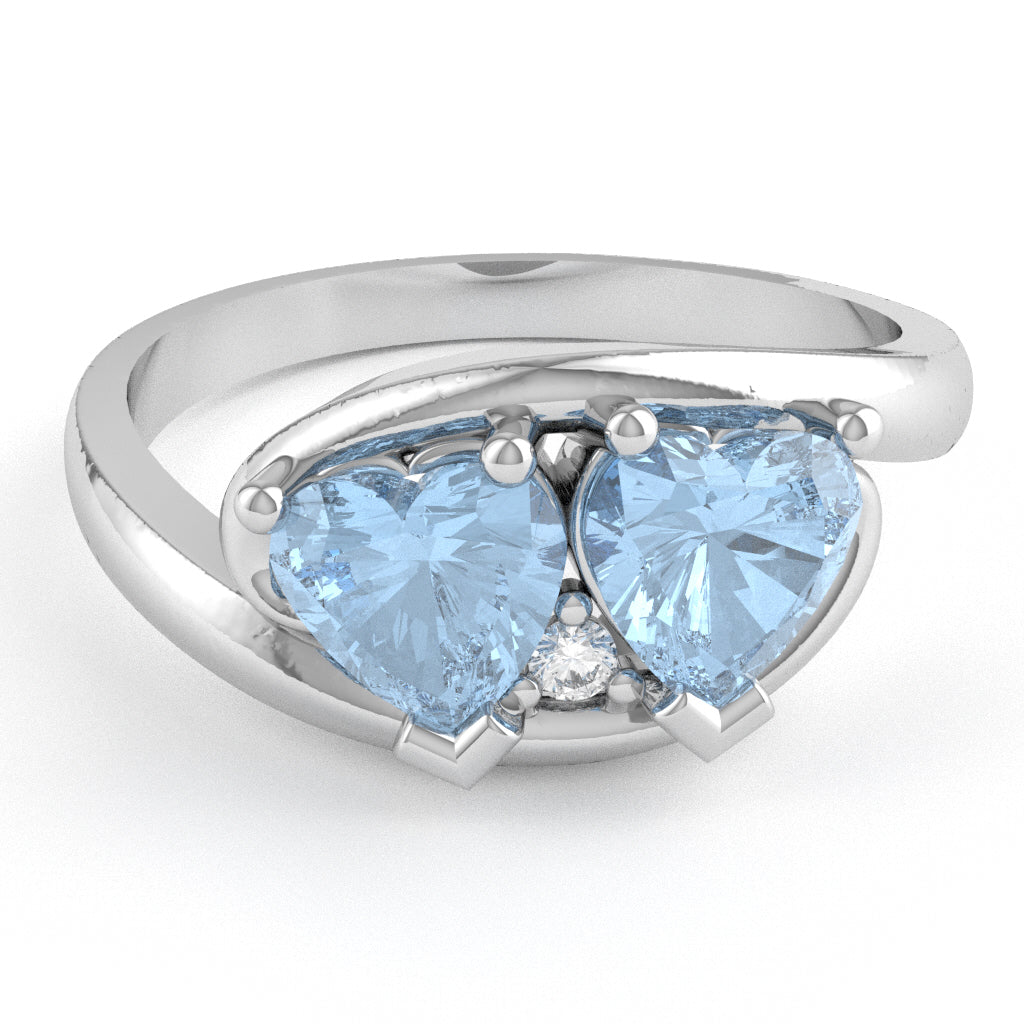 2 Hearts In Love Aquamarine Diamond Promise Ring In 14k White Gold