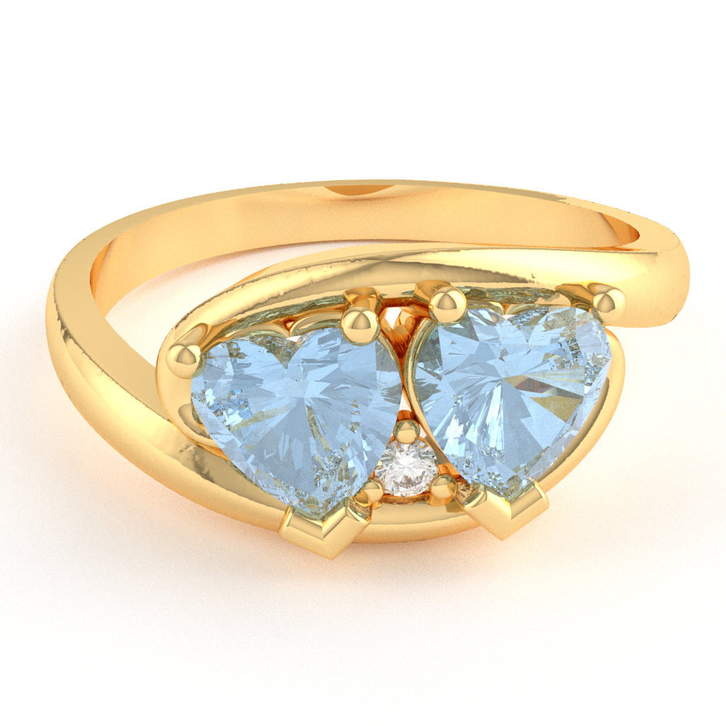 2 Hearts In Love Aquamarine Diamond Promise Ring In 14k Yellow Gold