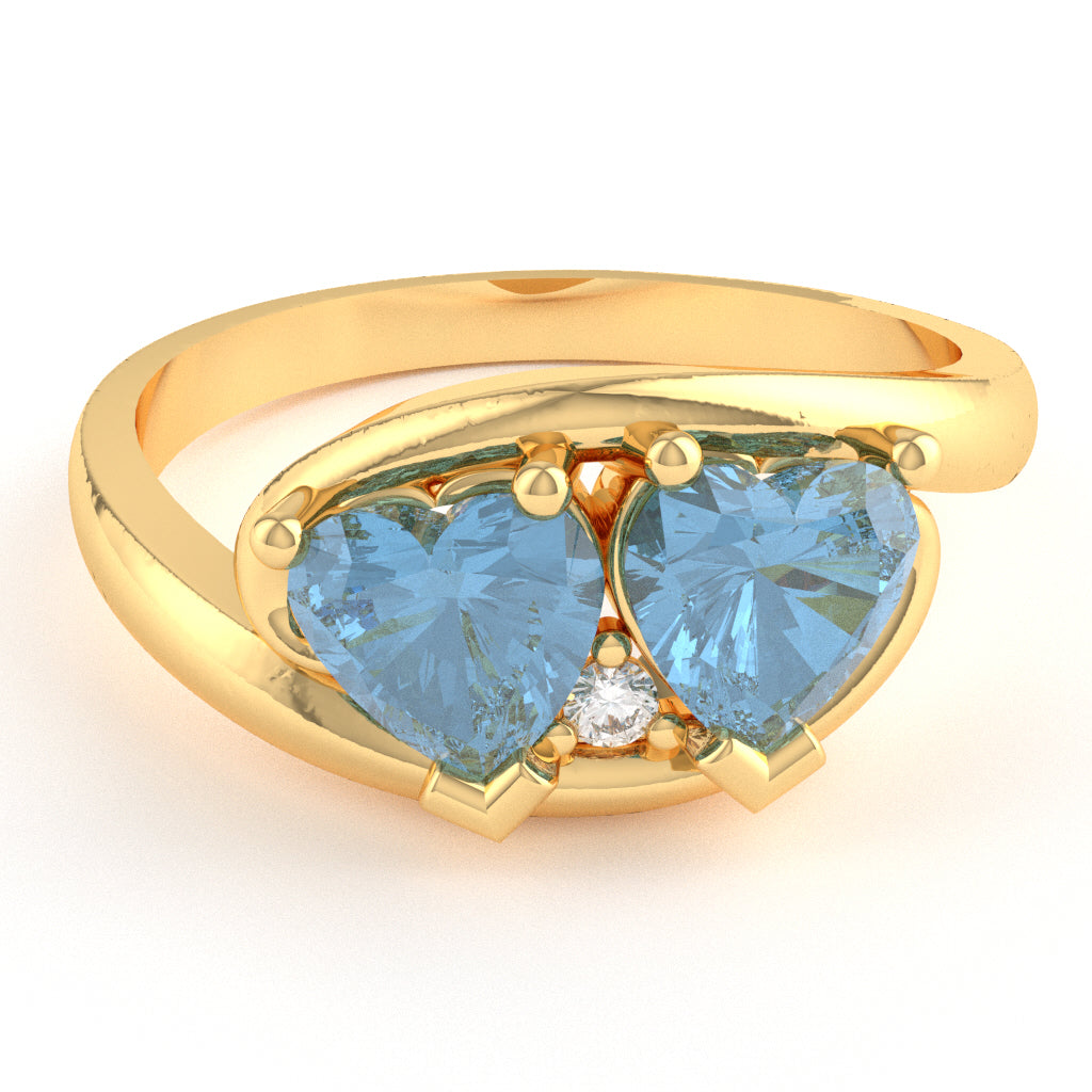 2 Hearts In Love Blue Topaz Diamond Promise Ring In 14k Yellow Gold