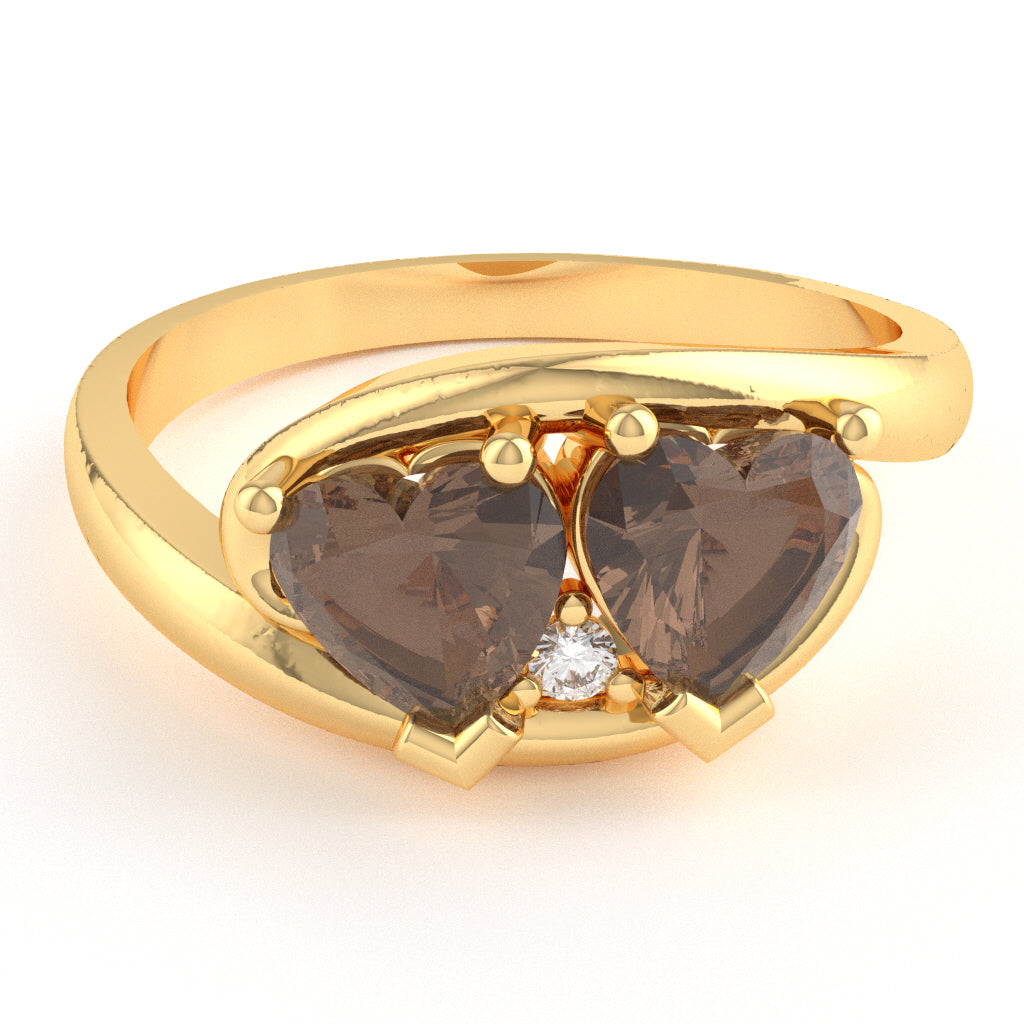 2 Hearts In Love Smoky Quartz Diamond Promise Ring In 14k Yellow Gold