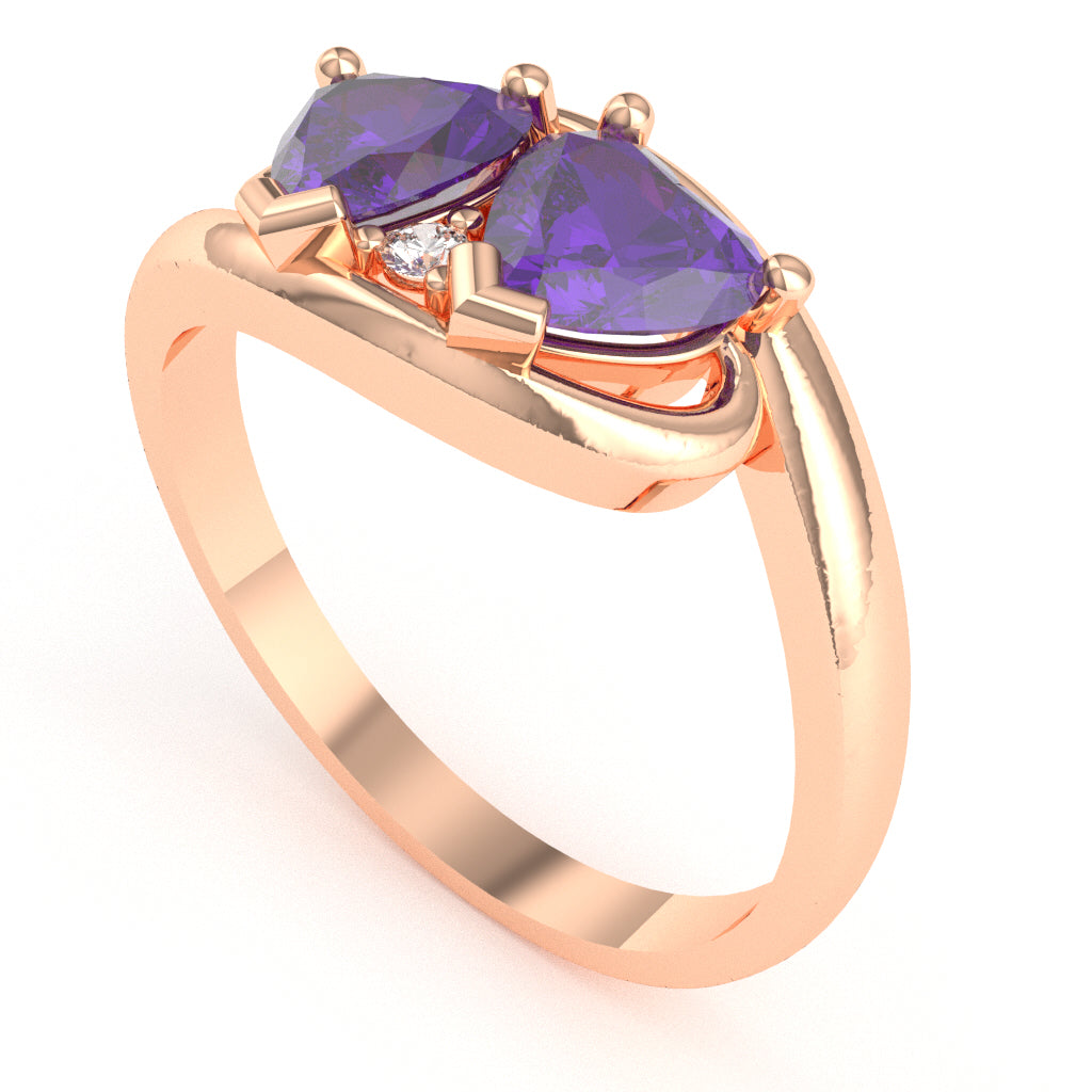 2 Hearts In Love Amethyst Diamond Promise Ring In 14k Rose Gold